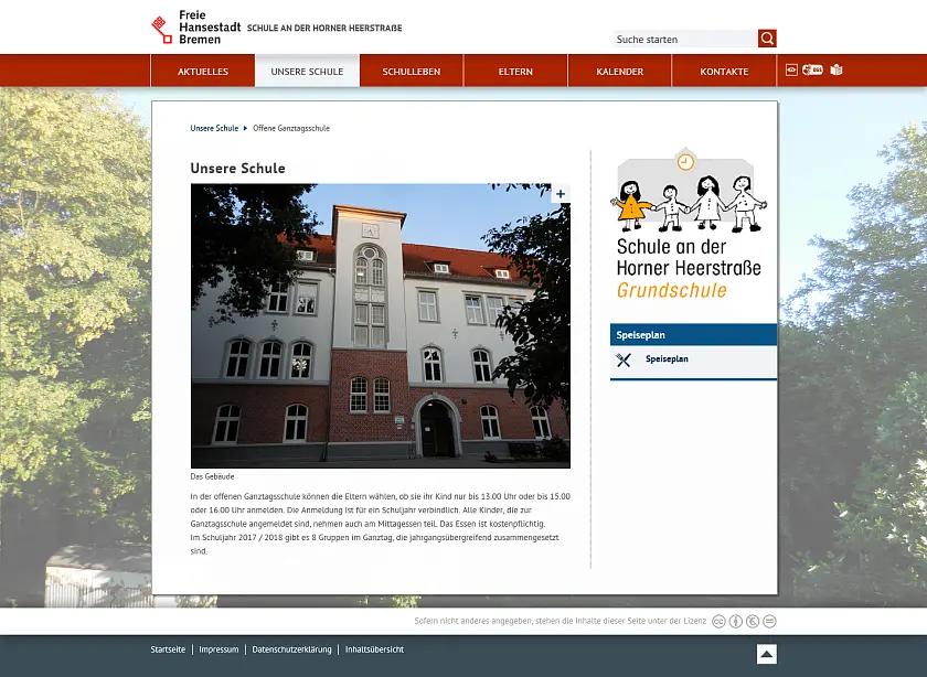 Bildschirmfoto der Homepage der Schule an der Horner Heerstra&szlig;e