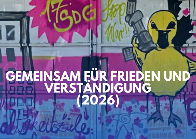 Kachel, auf der das Motto der Welterbetagung 2026 steht: Gemeinsam für Frieden und Verständigung 