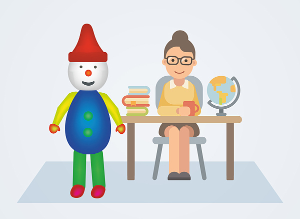 Grafik Kind und Lehrerin. Lehrerin sitzt am Tisch und das Kind davor. Abstrakte Darstellung. 