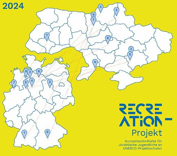 Eine Karte von Deutschland in den ukrainischen Farben geld und blau, die den Austausch zwischen der Ukraine und Deutschland zeigt